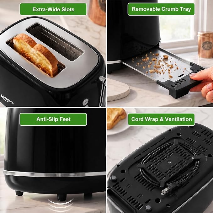 2 Slice Retro Stainless Steel Toaster with Bagel, Cancel, Defrost Function and 6 Bread Shade Settings Bread Toaster, Extra Wide Slot and Removable Crumb Tray (Black)