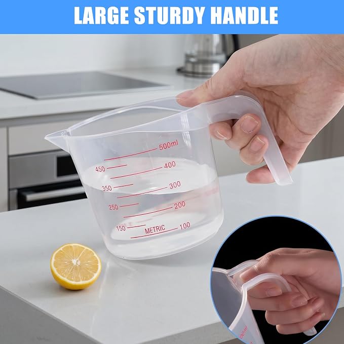 DTDNZKN 3 Pack Measuring Cups, 250ml (1-Cup), 500ml (2-Cup) &1000ml (4-Cup) | Plastic Liquid Measuring Cups - Clear Markings for Baking, Cooking, Mixing, Oil & Water Measurement - Essential Kitchen Tools