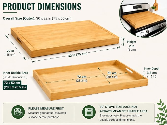 Bamboo Noodle Board Stove Top Cover 30x22 in Reversible 4-Piece Set | Wooden stovetop cover for gas & electric stove, cutting board with juice groove & handles, silicone mat, 2 trays, 8 pads