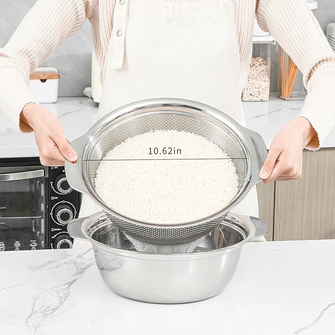 Paoli 304 Stainless Steel Fine Mesh Colander Set, 4QT Large Capacity Strainer with Mixing Bowl — Rinse Fruits, Veggies, Rice & Drain Pasta, Dishwasher Safe (2-Piece)