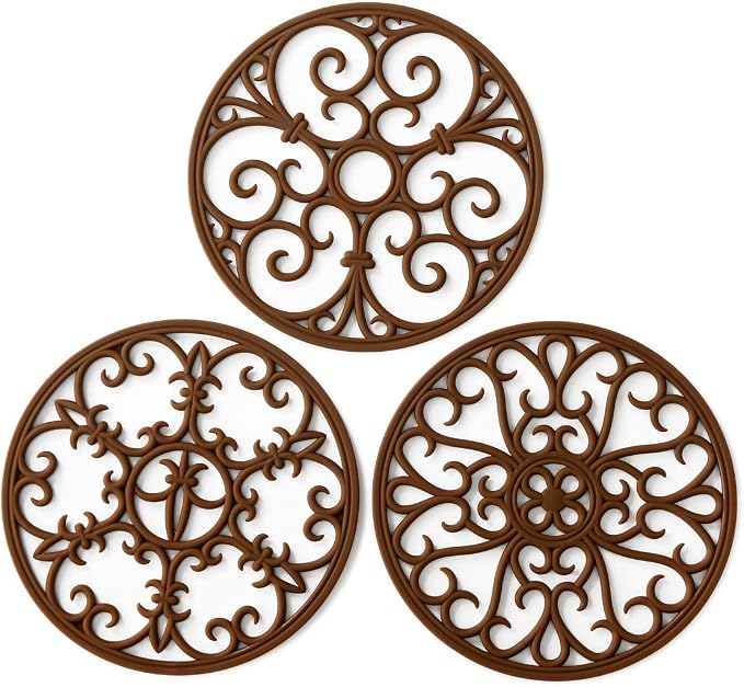 Silicone Trivet Mat - Non-Slip & Heat Resistant Kitchen Hot Pads for Countertops & Table - Kitchen Trivets for Hot Dishes & Cookware - Hot Pot Holder for Pots & Pans - Chocolate Brown, Set of 3