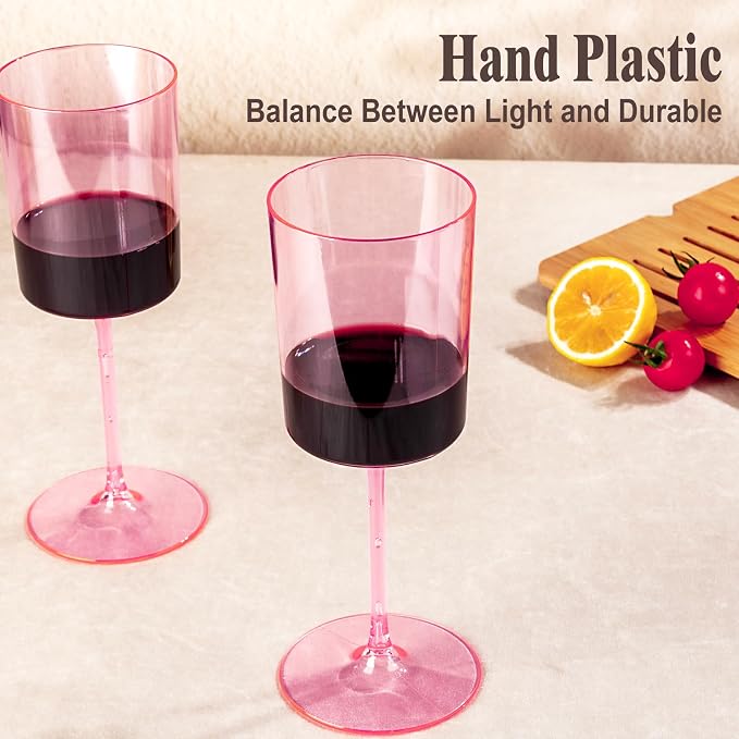 Ciaell 12 Pack Pink Plastic Wine Glasses for Weddings Outdoor Gatherings | 14 oz Pink Stemmed Cups, Heavy Duty Plastic, Wine Champagne Cocktails Beverages for Parties Birthdays Anniversaries