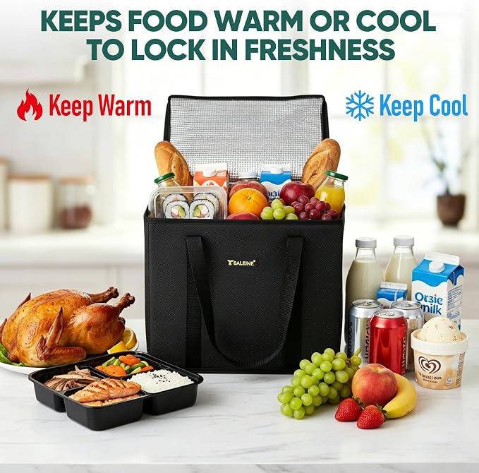 BALEINE 1PK Insulated Reusable Grocery Bag, Heavy Duty Shopping Tote | Foam & Foil Insulation, 9" Long Handles, Reinforced Bottom Keeps Upright, Fold Flat Storage, Water-Resistant Shopping Bag