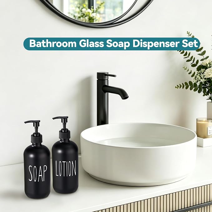 COHOSEGE Glass Soap Dispenser Set 2 Pack,16 Oz Hand Soap Dispenser for Bathroom,Black Kitchen Accessories and Bathroom Decor,Soap and Lotion Dispenser Set for Bathroom