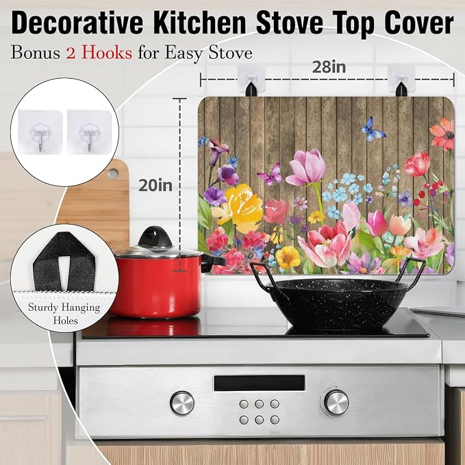Spring Summer Glass Stove Top Covers for Electric Stove,Colorful Flower Watercolor Floral Farmhouse Heat Resistant Cooktop Protector Non-Slip Washable Dish Drying Mat Rug Pad for Kitchen Decor 28"x20"