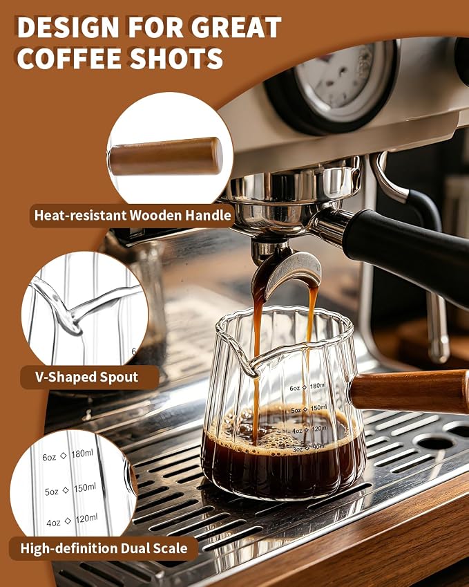 2 Pack Espresso Measuring Cups & 2 Spoons, 6oz Gray & Clear Borosilicate Glass Cups with Wood Handle, V-Shaped Spout Ribbed Milk Frothing Cup for Coffee, Latte, Cappuccino, Tea