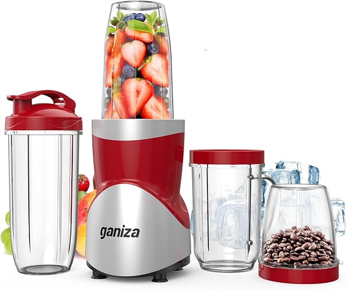 Ganiza Smoothie Blender, 900W Blenders Shakes and Smoothies, Red | 15-Piece Personal Blender and Grinder Combo for Kitchen, Smoothies Maker with 4 BPA-Free Portable Cup, Nutritious Recipe