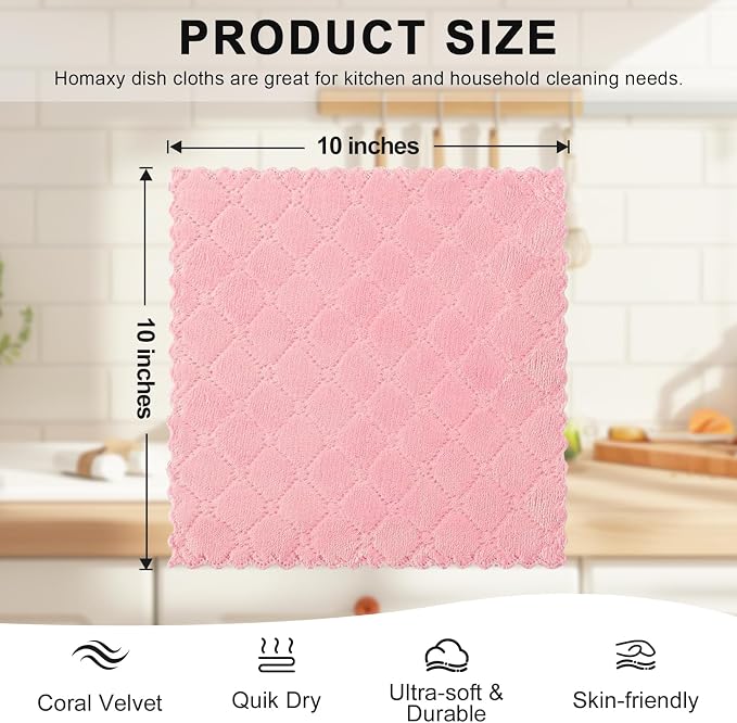 Homaxy 12 Pack Super Soft & Absorbent Dish Cloths, 10" x 10", Multi Color | Coral Velvet, Nonstick Oil Fast Drying Microfiber Cleaning Cloth, No Lint Household Dishcloths