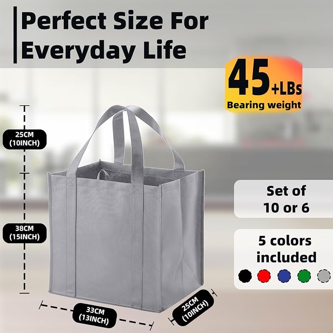 10 pack Reusable Grocery Bags,Thick Bottom-Shopping Bag for Groceries | Heavy Duty Large Shopping Totes,Reusable Bags With Handles ,Foldable,Washable ,Load Capacity Over 45 Pounds