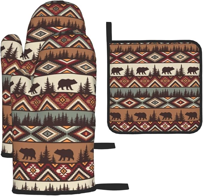 Vintage Rustic Oven Mitts and Pot Holders Sets Cabin Kitchen Decor | Set of 3 Heat Resistant Farmhouse Hot Pads Bear Mountain Oven Gloves for Kitchen Cooking BBQ Baking