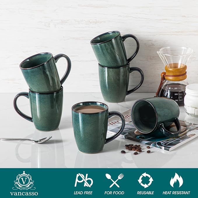 vancasso STARRY Ceramic Coffee Mug Set of 6, 16 Oz Tea Cups with Handle for Latte, Tea, Cappuccino, Milk, Cocoa, Microwave&Dishwasher Safe, Green