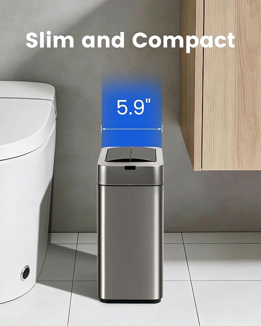 ELPHECO Slim Bathroom Trash Can with Lid 2.6 Gallon Smart Trash Can Silver | Motion Sensor Butterfly Lid Garbage Can Automatic Stainless Steel Wastebasket Bathroom Decor for Bedroom Office Toilet