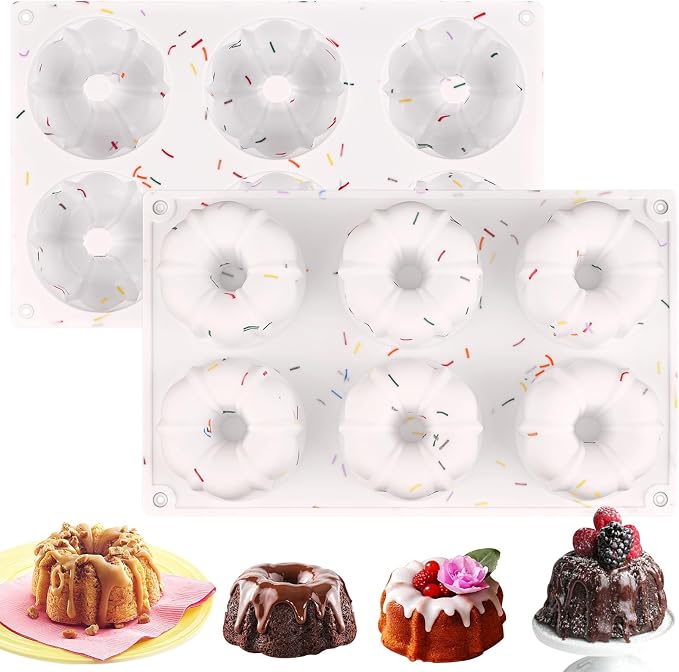 HUAKENER 2 Pcs Mini Fluted Cake Pan, 6-Cavity Fluted Tube Cake Pan | Non-stick Silicone Baking Mold for Cupcakes, Donuts, Muffins, Cornbread, Brownies, Jellies