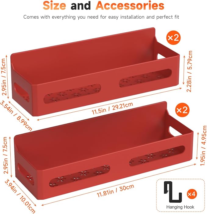 4-Pack Magnetic Spice Rack for Refrigerator with Hooks, Red | Strong multipurpose magnetic shelf for kitchen & bathroom organization. Includes 4 removable hooks for hanging items.