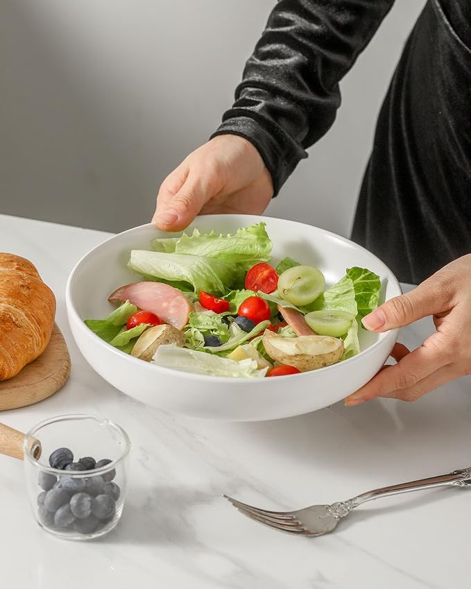 Pasta Bowls Set of 2, 34 oz Deep Salad Bowls, Stoneware Bowl Plates for Pasta, Soup, Salad, Ceramic Serving Shallow Bowls for Kitchen Gift, Microwave & Dishwasher Safe, Matte White