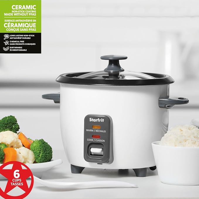 Starfrit Electric Rice Cooker, 6 Cups, Ceramic Nonstick, 300W | Makes up to 6 cups. Cook & keep warm. Ceramic nonstick pot. Steamer basket included. 300W performance.