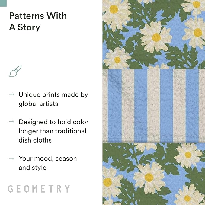 GEOMETRY Kitchen Dish Cloths - Spring & Summer Collection - Premium Dishcloths with Geoweave - Absorbent & Fast Drying Kitchen Towels - Daisy Sky, 10" x 10" - 3-Pieces