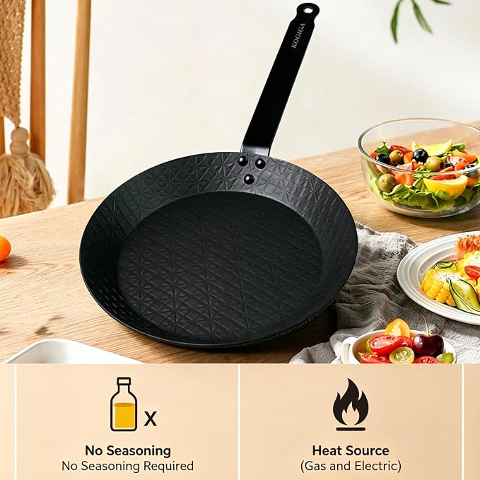 11 Inch Pre-Seasoned Carbon Steel Frying Pan, Naturally Non-Coated Skillet with Grooved Texture for Steak, Stir Fry, Tortilla, Crepe, All Stoves Compatible