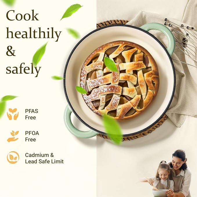 Overmont Enameled Cast Iron Dutch Oven - 7QT Pot with Lid Cookbook & Cotton Potholders - Heavy-Duty Cookware for Braising, Stews, Roasting, Bread Baking Verdant