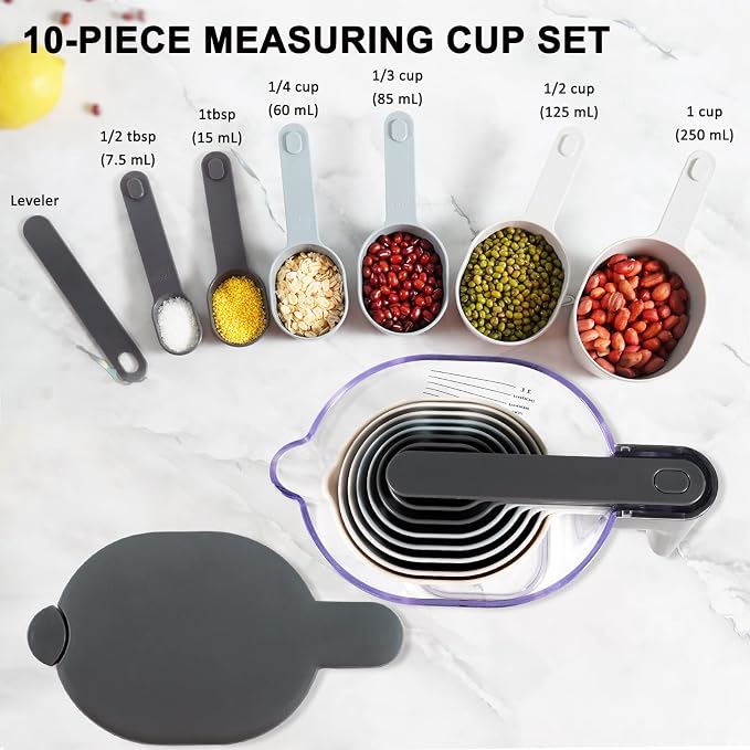 19-Pc Magnetic Measuring Cups and Spoons Set, with Lid, Black | Includes 1 cover, 9 stackable cups set & 9 magnetic spoons, BPA-free & dishwasher safe, for liquid and dry baking gadgets