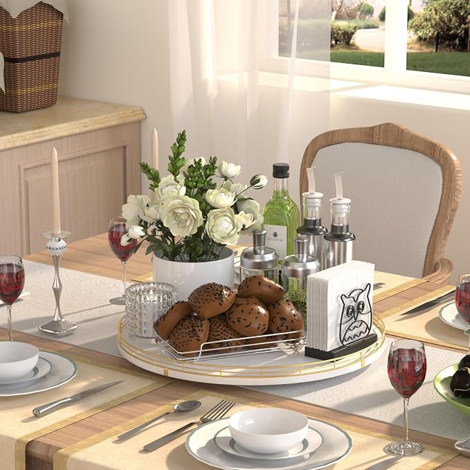 Oroyutor 16-Inch Oak Lazy Susan with Gold Rail and White Finish | Oak wood base, gold metal rail and smooth 360-degree rotation for dining tables, kitchen counters and spice storage.