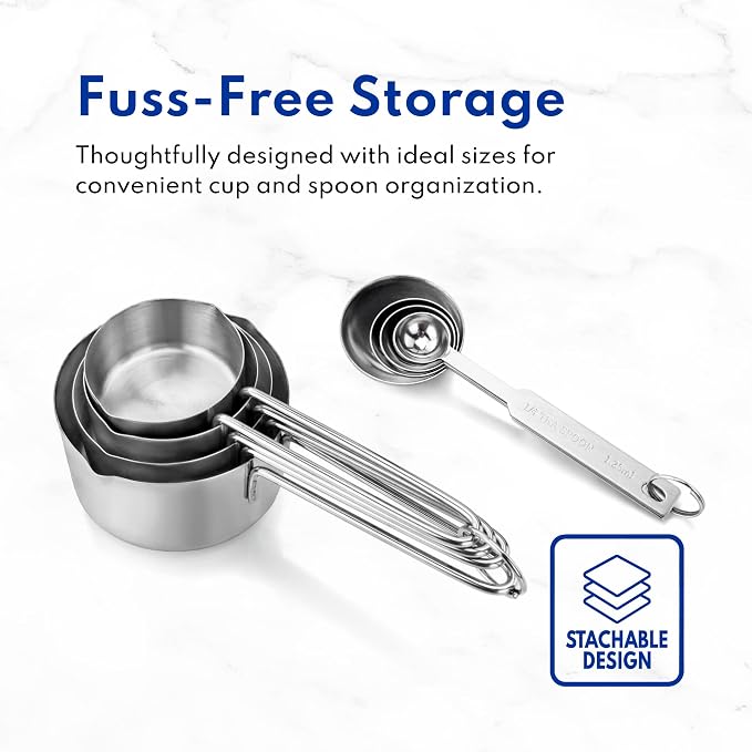 New Star Foodservice 42917 Stainless Steel Measuring Cups and Spoons Set, 8-Piece Metal Measuring Set for Baking, Cooking, Dry and Liquid Ingredients, Restaurant Grade, Silver