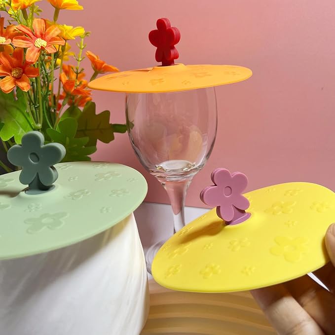 flower Silicone Cup Covers (Set of 3), Multicolored Silicone Lids for Mugs, Cups, Flexible Mug Covers, Tea Pots, Hot Cup Lids for Coffee & Tea (Style B)