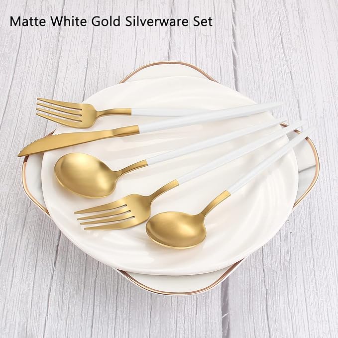 VANVRO Matte White Gold Silverware Set, 20-Piece Stainless Steel Flatware Set, Satin Finish tableware Cutlery Set, Service for 4, Home and Restaurant, Dishwasher Safe