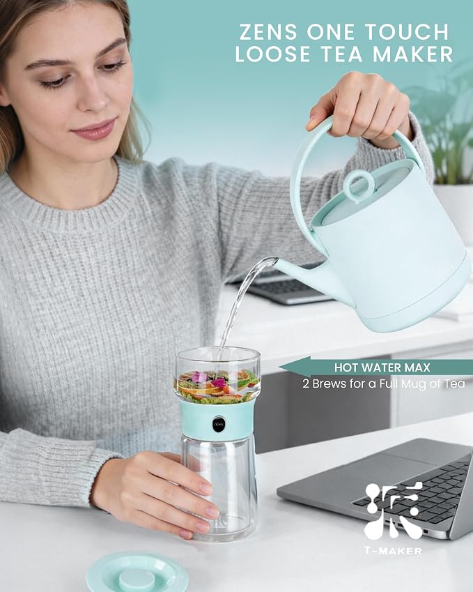 ZENS Modern Glass Infuser Teapot, One Touch Tea Release Loose Tea Maker | Loose Leaf Tea Diffusers, Magic Teapot with 9oz Mug, Portable Tea Infuser with Case, Tea Lovers Gifts, Blue