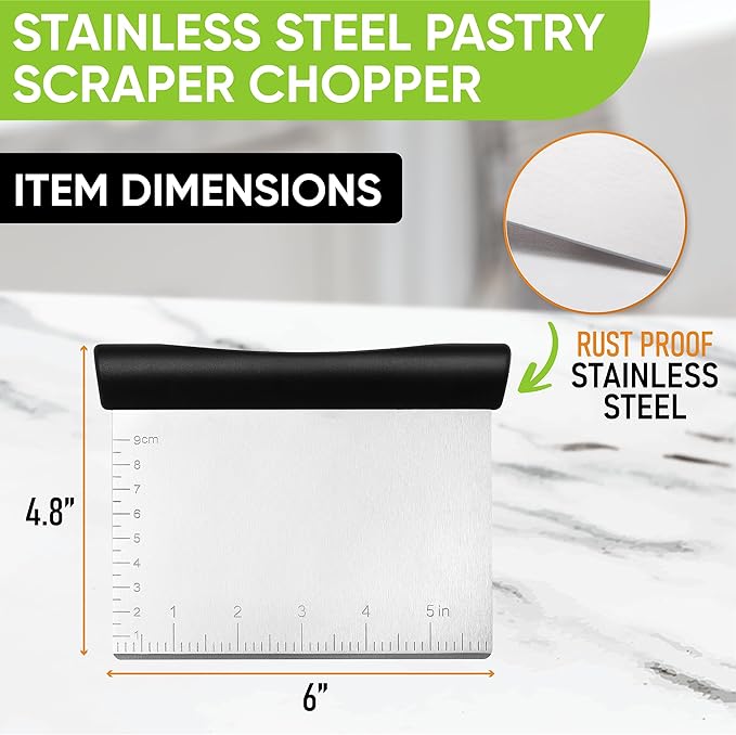 Spring Chef Stainless Steel Bench Scraper & Bowl Scraper Set for Baking | Heavy Duty Dough Cutter Tool & Bowl Pastry Scraper with Measurements for Pizza, Bread, Pastries, Sourdough, Black