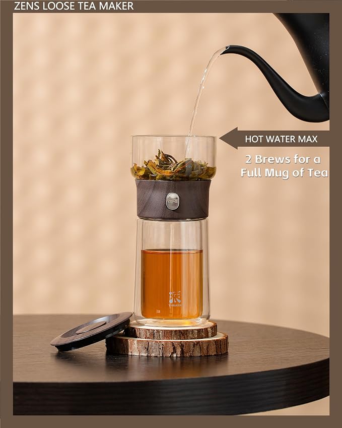 ZENS Glass Infuser Teapot, One Touch Tea Maker for Loose Leaf Tea | Modern Magic Tea Diffusers with 9oz Insulated Mug, Portable Tea Infuser Pot for Herbal Tea Lovers Gifts
