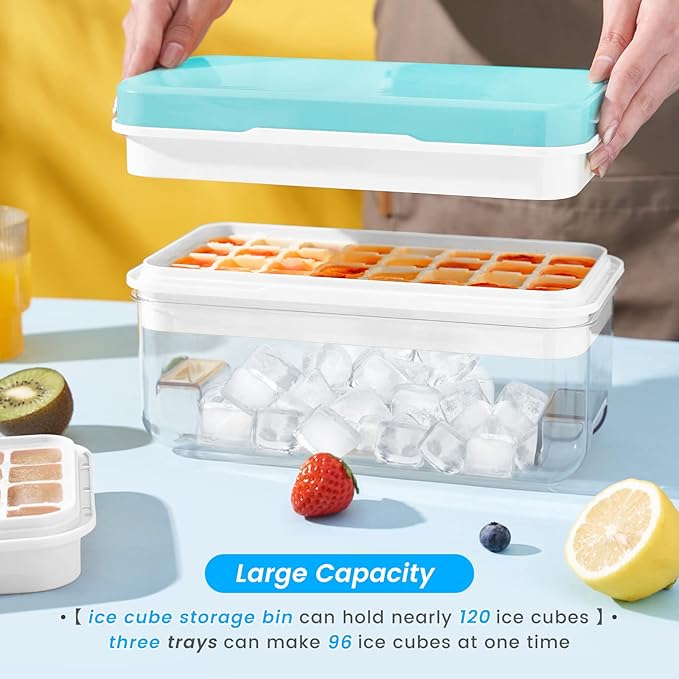 1" Ice Cube Tray with Lid and Bin, Easy Release 96 Cubes for Freezer | Food-grade BPA-free PP and ABS. 1" x 96pcs ice cubes for fruit whiskey, cocktails. Space-saving, stackable with scoop