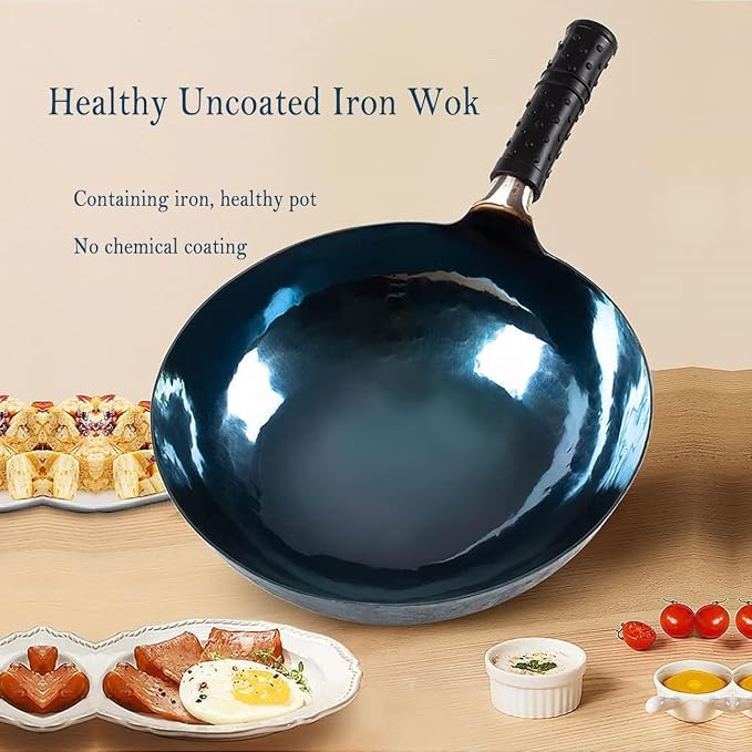 13-Inch Carbon Steel Wok, Round Bottom Traditional Chinese Wok with Rubber Handle and Wooden Lid, Uncoated Non-Stick Wok for Gas Stoves, Home Cooking, Camping, and as a Gift