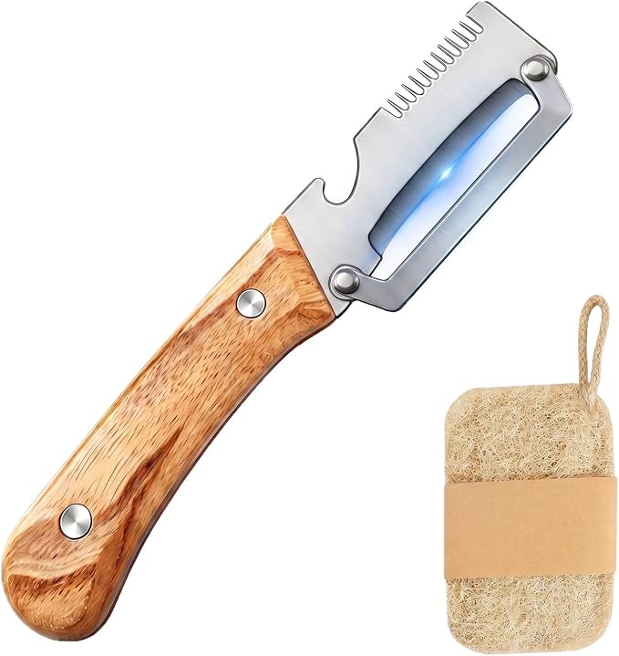 3-in-1 Vegetable Peeler and Julienne Shredder, Classic | Stainless steel 3-in-1 peeler with wood handle, bottle opener and natural loofah sponge for vegetables, scallions and prep.