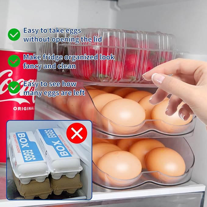 MesRosa Egg Holder for Fridge, Automatic Rolling Egg Organizer -2 Layer | Stackable Clear Egg Container & Tray for Refrigerator, Durable Dispenser and Storage with Sturdy Lid to Saving Space