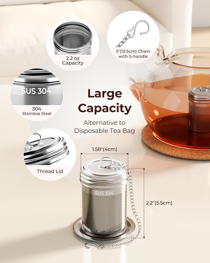 2 Pack Reinmoson 304 Stainless Steel Tea Infuser for Loose Leaf Tea | 1.58” x 2.2” Extra Fine Mesh Tea Strainers Ball, Threaded Lid, Loose Leaf Tea Steeper for Black Tea, Rooibos, etc
