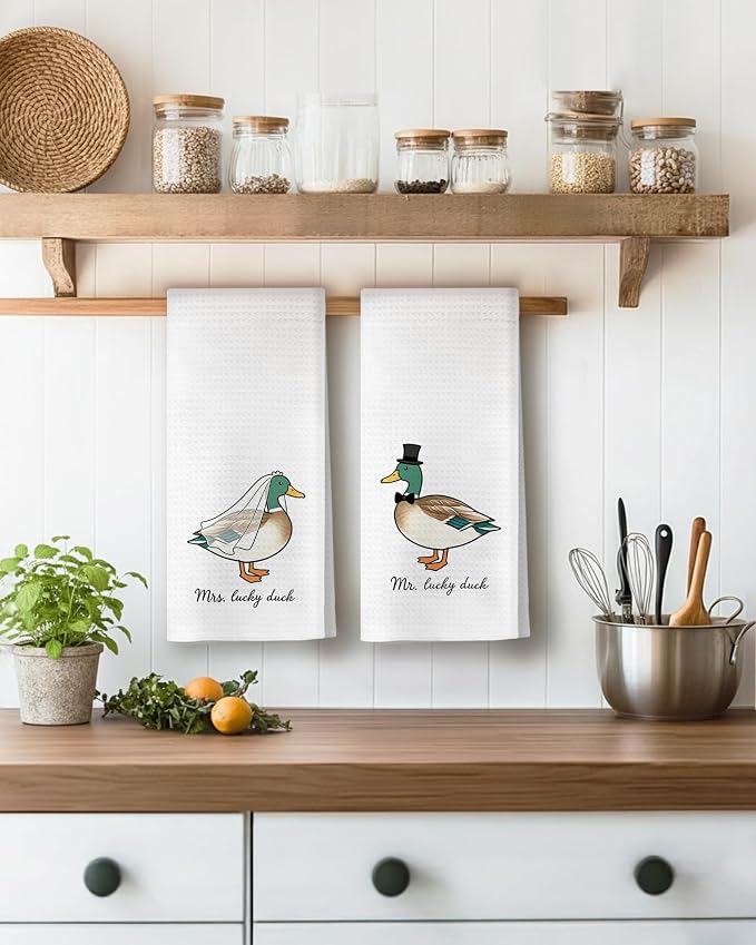 Funny Mallard Duck Mr and Mrs Kitchen Towels, Wedding Gifts for Couples Newlyweds Dish Tea Towels for Kitchen Decor, Just Married Gifts Decorative Hand Towel for Bathroom, 16x24 Inch Set of 2