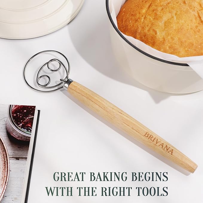 13-Inch Danish Dough Whisk, Double Loop Bread Whisk with Wooden Handle, Stainless Steel Dough Mixer for Sourdough Bread, Pizza Dough, Batter and Pastry