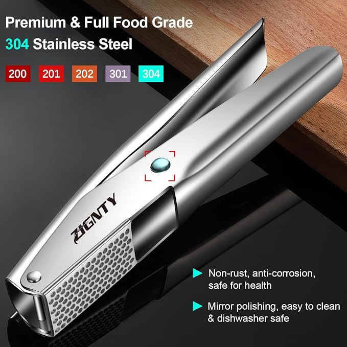Garlic Press Stainless Steel, No Need to Peel Garlic Mincer Tool | Professional Garlic Presser & Masher, Large Trough, Efficient Dual Lever-Assisted, Rust Proof, Easy Clean, Dishwasher Safe