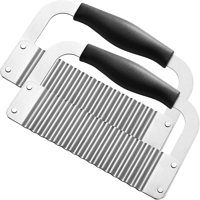 2 Pcs Crinkle Cutter Stainless Steel Potato Slicer Wavy Chopping Veggies | Dishwasher Safety Comfortable Black Handle Sharp and Deep Waves Crinkle Cutting Chip Set for Carrot Zucchini Pickled Cucumber