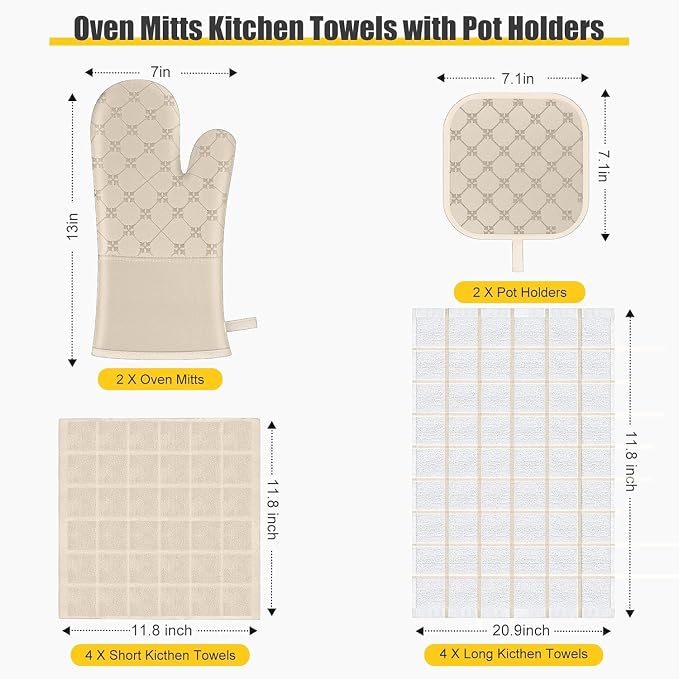 Oven Mitts Kitchen Towels Dishcloths with Pot Holders Sets 12PCS, Dish Towels Sets, Oven Gloves Pot Pads Heat Resistant 500 Degrees with Non-Slip Silicone Surface for Cooking Baking Grilling-Milkshake