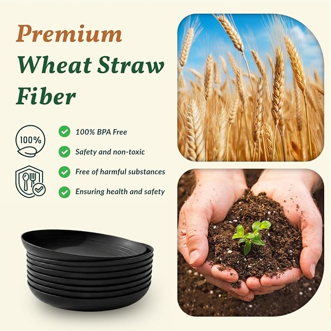 Wheat Straw Plates Set - 11 inch Reusable Large Dinner Plates Set of 8, Lightweight Unbreakable Salad Plates, Microwave and Dishwasher Safe Plates, Deep Plates for Dinner, Camping - Black