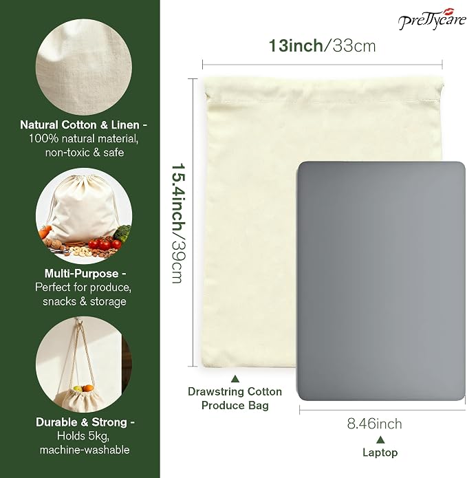 PrettyCare 15x13 Inch Reusable Cotton Storage Bags, 3-Pack Muslin Drawstring Bags for Bread, Potatoes, Onions, Produce; Biodegradable Canvas Fabric Sacks for Shoes, Laundry, Clothes, Travel Storage