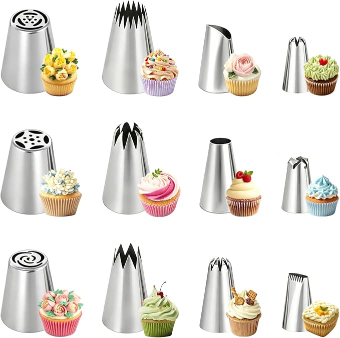 12PCS Piping Tips Set, Stainless Steel Cake Decorating Tips, Russian Nozzles Frosting Icing Tip Tools, Baking Supplies for Cookie Cupcake