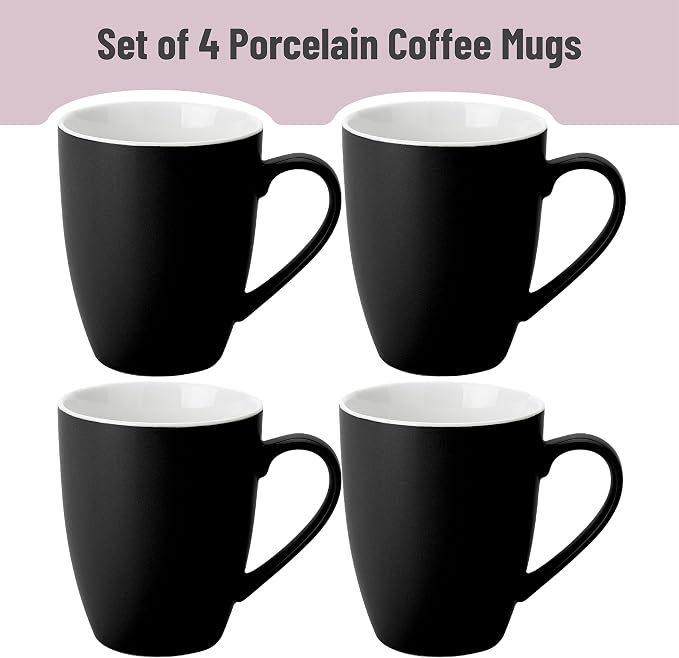 BTaT- Porcelain Coffee Mugs Set, 16 Ounces, 4 Pack, Black Ceramic Coffee Mugs with Handle, Restaurant Cups for Mocha, Tea, Cappuccino, Cocoa, Cereal, Mug Gift Set, Dishwasher Safe
