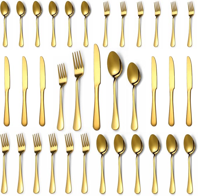 30 Pcs Gold Silverware Set for 6, Food Grade Stainless Steel Flatware Set, Eating Utensils Sets Include Fork/Knife/Spoon, Reusable Cutlery Set for Home Kitchen, Dishwasher Safe, Round Edge