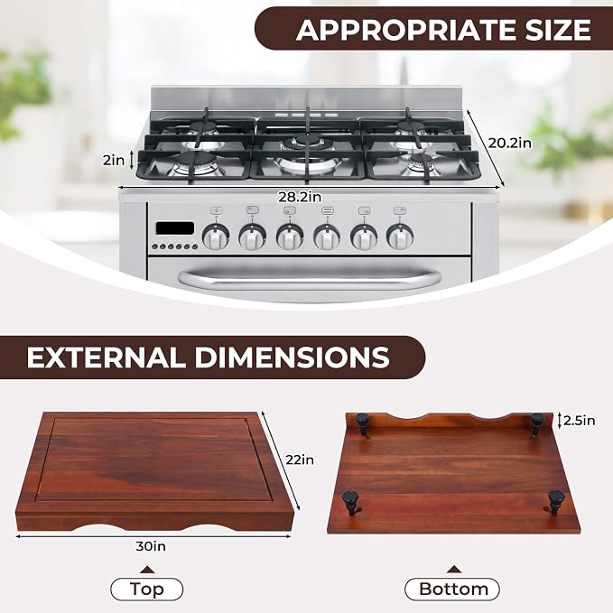 Acacia Wood Stove Top Cover - Electric & Gas Stove - 30"L x 22"W x 2.5"Th Raised Cutting Board with Adjustable Legs & Juice Grooves