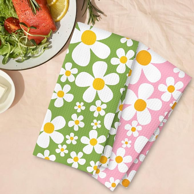 70s Retro White Daisy Floral Kitchen Towels Set of 2, Green and Pink Wildflower Dish Tea Towels for Kitchen Decor, Floral Aesthetic Decorative Hand Towels for Bathroom Decor, 16x24 Inches