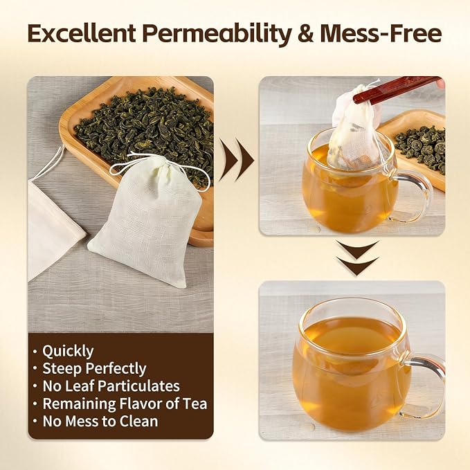 50 Pcs Tea Bags for Loose Leaf Tea, Reusable Tea Bags, Natural Unbleached Cotton Drawstring Sachet Bags, Empty Tea Bags for Spice, Herbs, Sachet & Filter Bags (3 x 4 Inches)