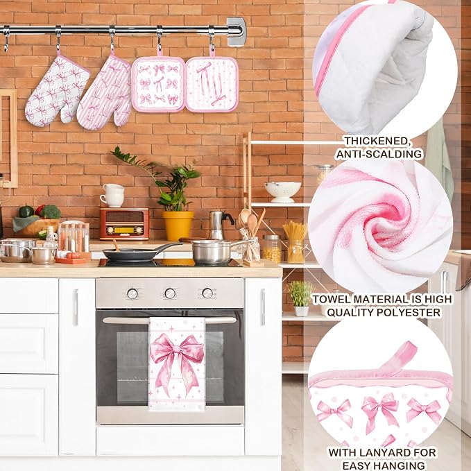 SiliFine 12 Pcs Pink Bow Kitchen Accessories Set Cute Bow Pot Holders Coquette Oven Mitts Pink Ribbon Kitchen Towels for Girly Home Decorations, Cooking Baking Housewarming Gifts
